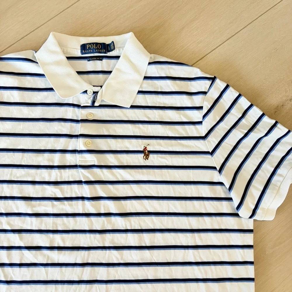 Polo Ralph Lauren Men’s Classic Fit Polo Shirt White Blue Striped Short Sl Large